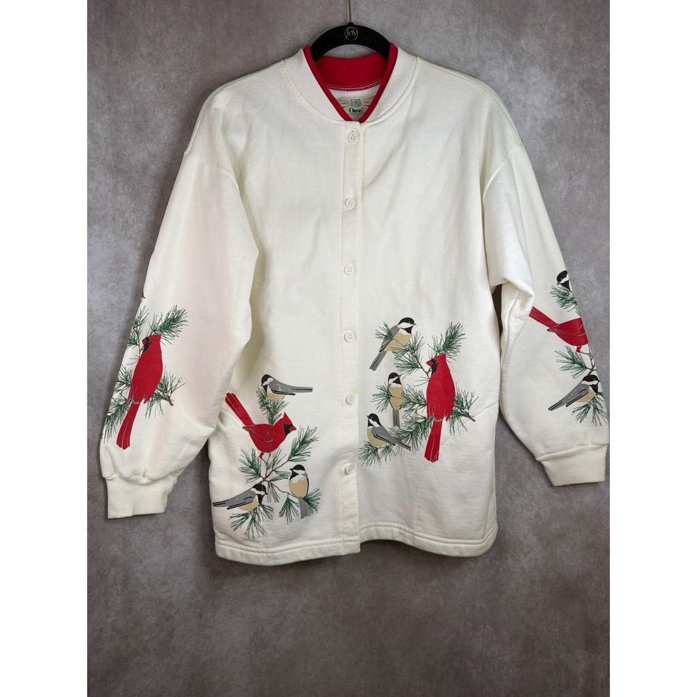 VTG Orvis Button Up Sweatshirt Women Large Cream Cardinal Chickadee Bird